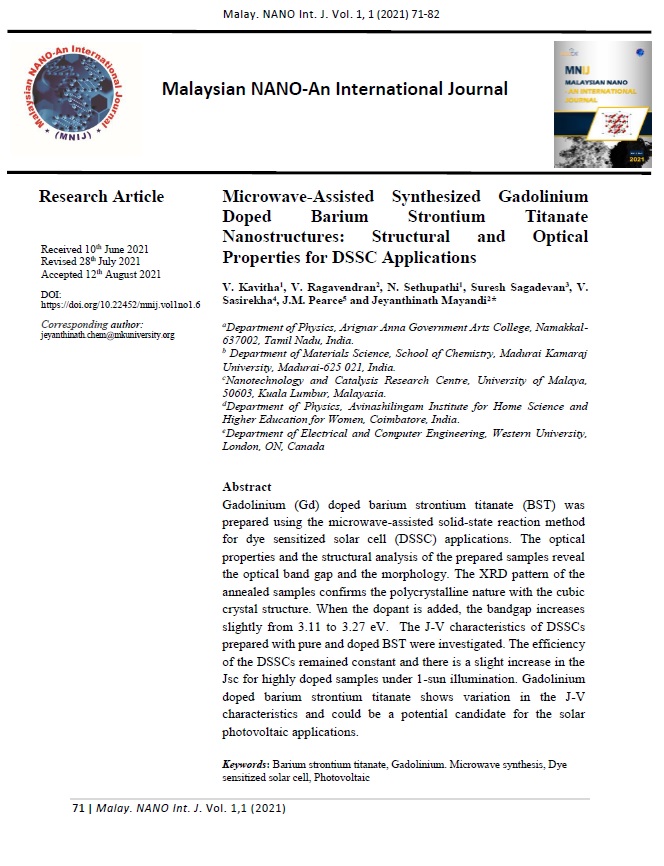 Microwave-Assisted Synthesized Gadolinium Doped Barium Strontium Titanate Nanostructures: Structural and Optical Properties for DSSC Applications