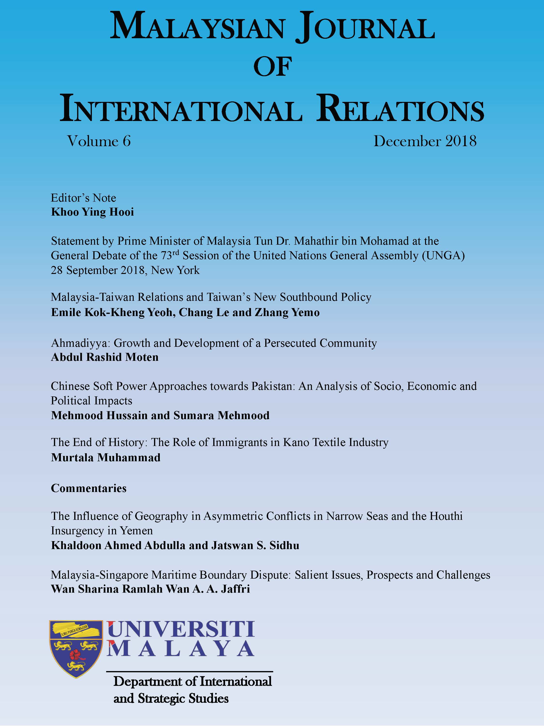 					View Vol. 6 No. 1 (2018): MJIR | The Malaysian Journal of International Relations
				